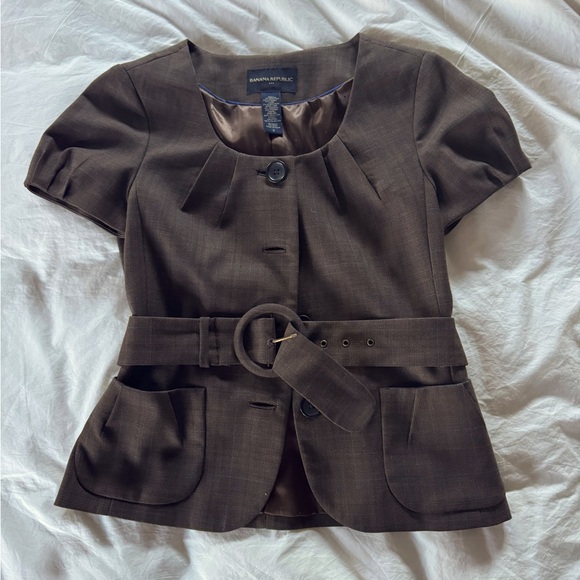 Banana Republic Plaid Belted Blazer – Cropped Sleeve, Wool Blend, Size 2 - Picture 1 of 7